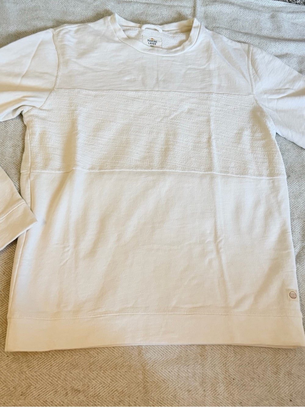 Marine Layer White Solid Knit Crew Neck Pullover Sweater Logo Mens Small